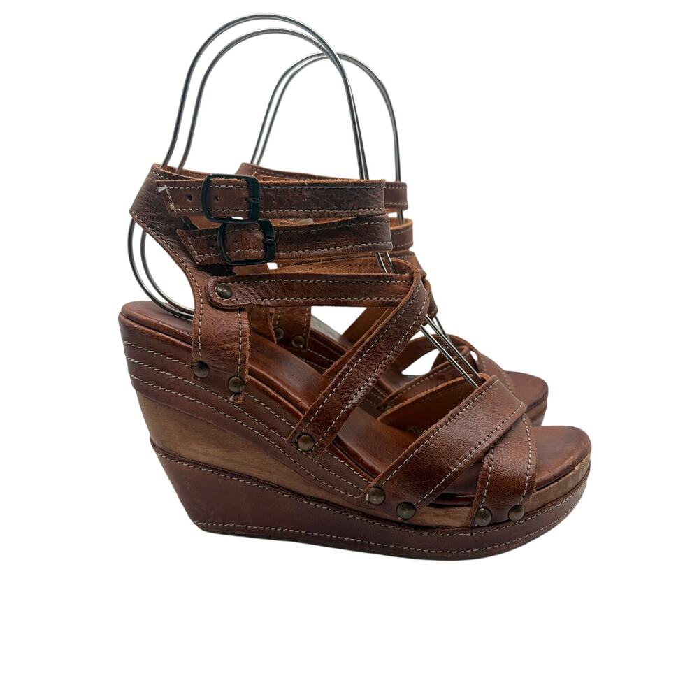 ⭐️ Bed Stu Juliana II Brown Distressed Leather Strappy Wedge Sandals Size 9.5